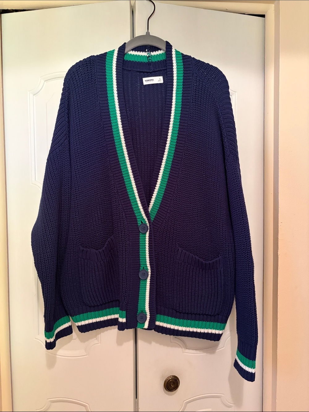 Sonoma Navy Cardigan with Green & White Stripe Trim